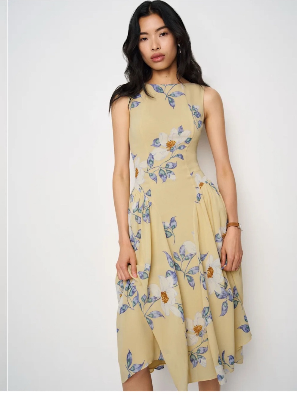 Reformation Anelis Drop-Waist Midi Dress in Butter Yellow Floral
